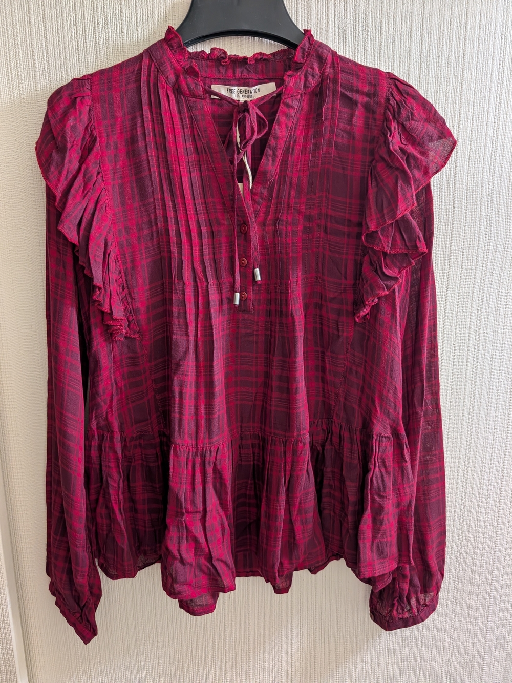 Free Generation Rayon Burgandy Plaid Ruffle Blouse Size M